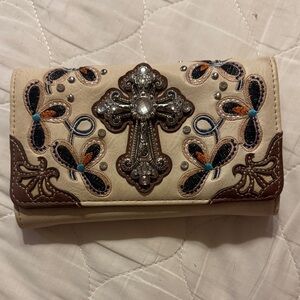 Embellished Cross Wallet Clutch in Cream with Navy & Brown Accents